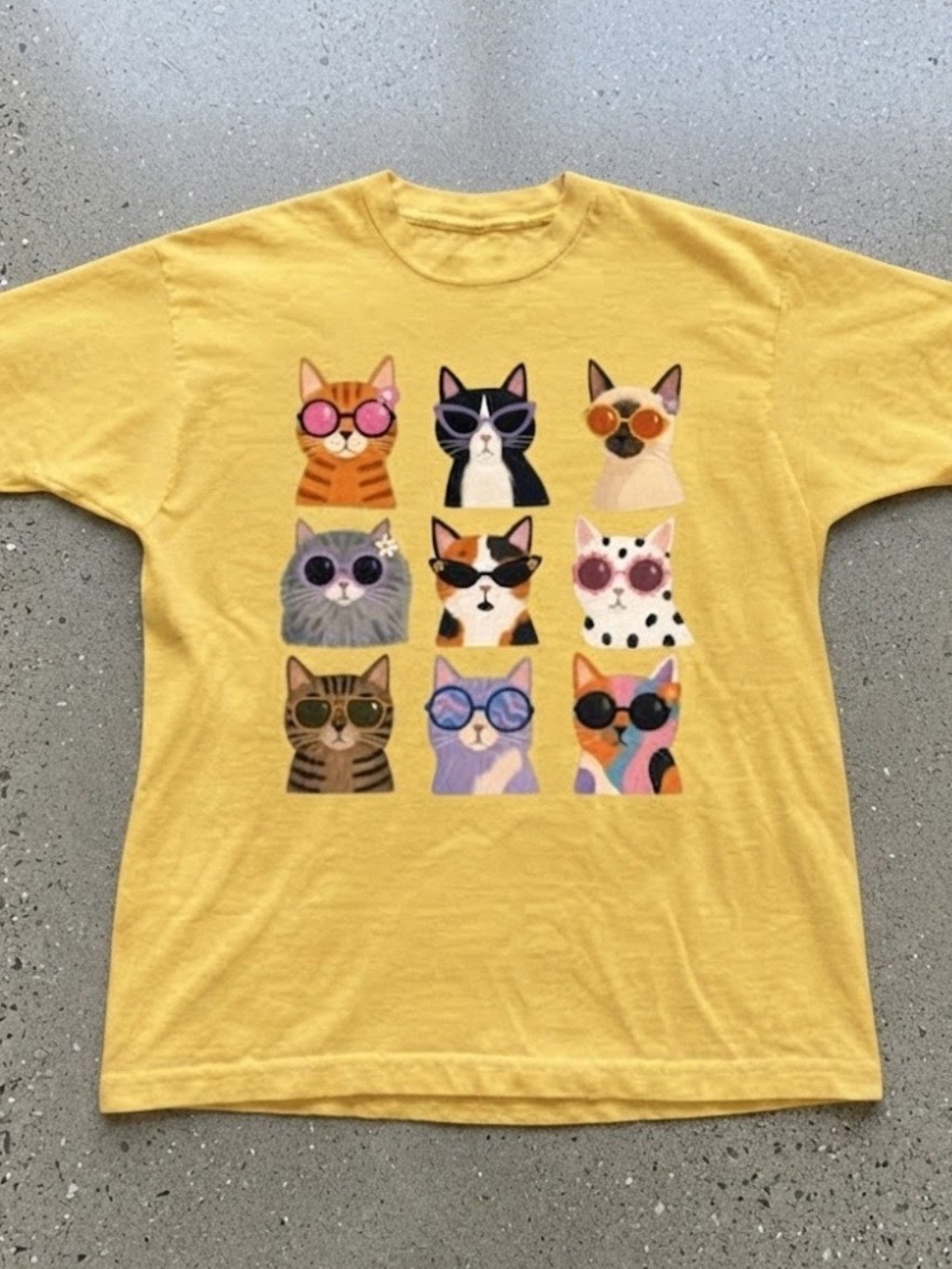 Cute Cats Wearing Sunglasses Meme Graphic Yellow Cotton Gildan T-shirt